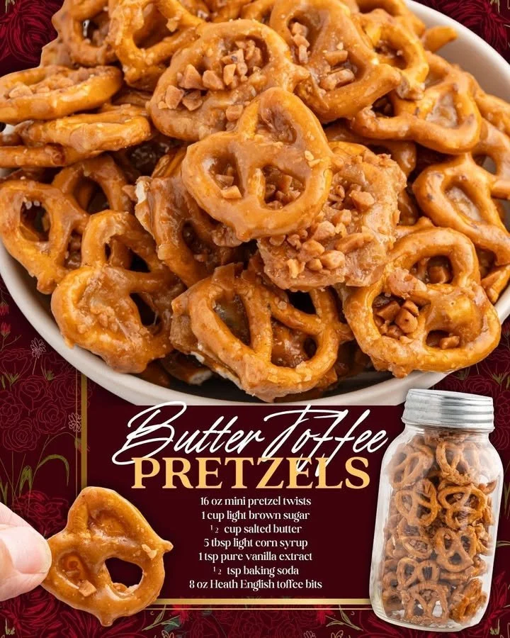 Delicious butter toffee pretzels coated in a sweet toffee glaze.