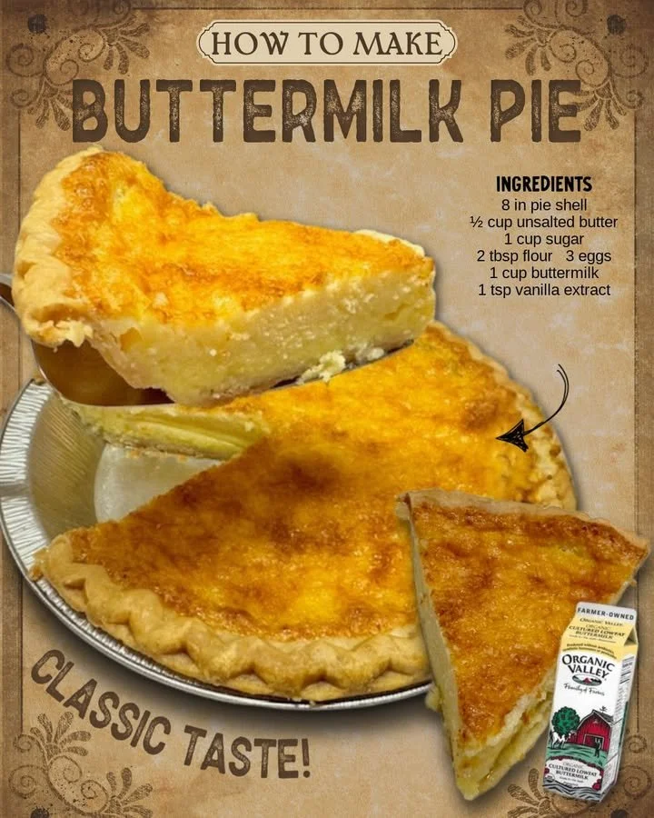 Delicious homemade buttermilk pie with a golden crust and creamy filling