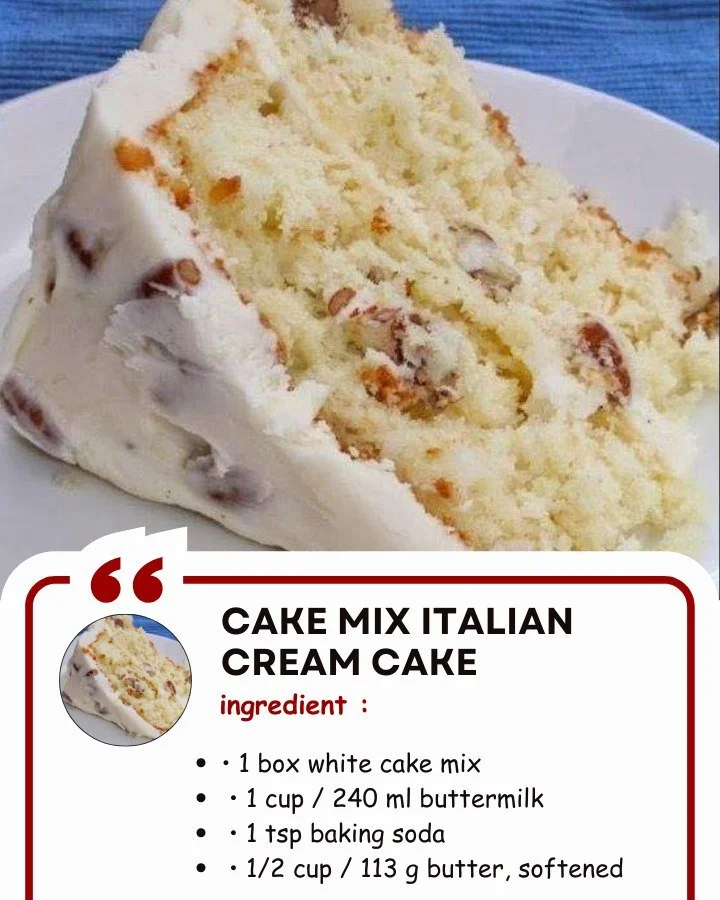 Delicious Italian Cream Cake made from cake mix, topped with cream and nuts.