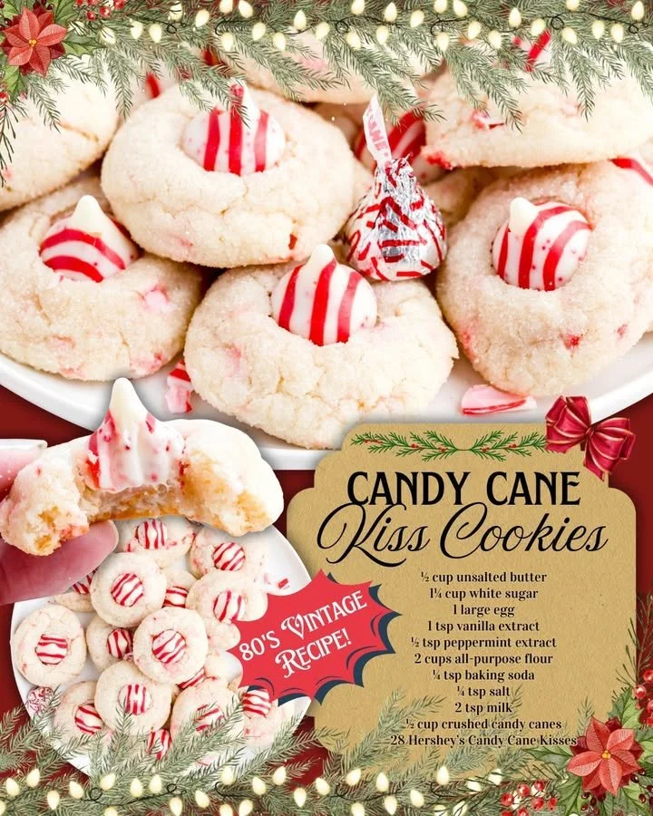 Delicious Candy Cane Kiss Cookies decorated with festive red and white stripes