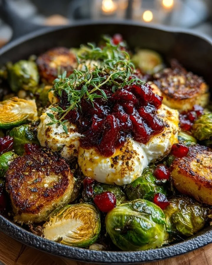 Caramelized Brussels sprout skillet with burrata and cranberry maple drizzle