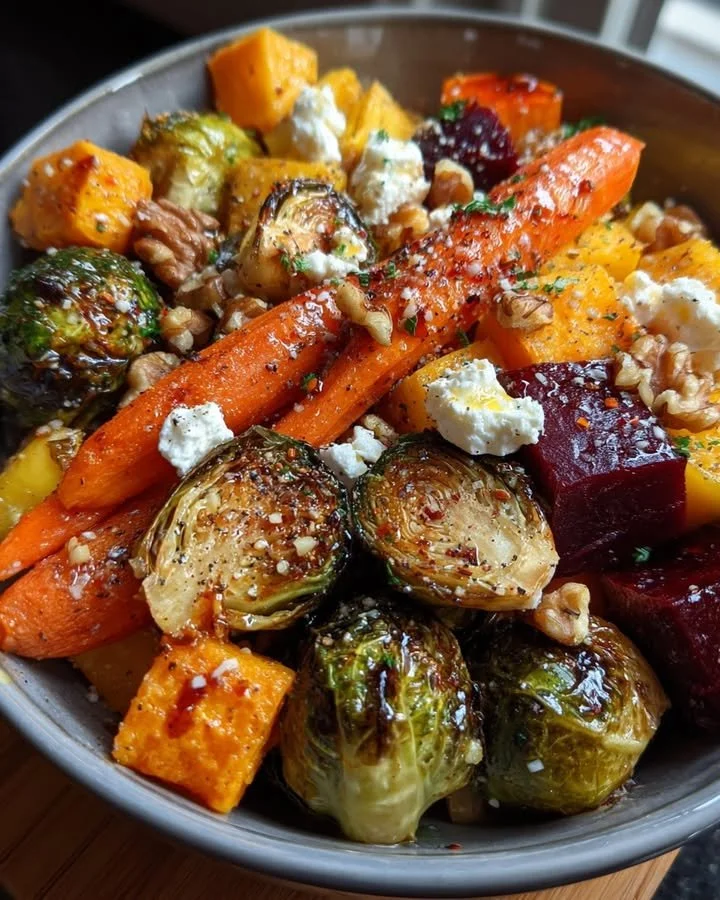 Caramelized Brussels sprouts and roasted veggies on a serving plate