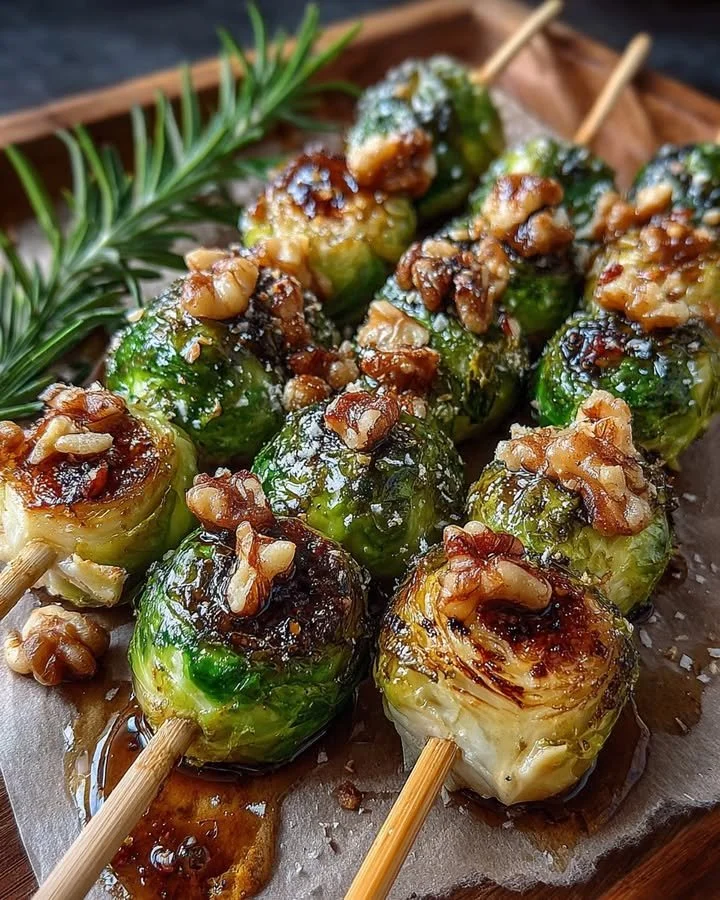 Caramelized Brussels sprouts skewers drizzled with walnut honey for a festive dish.