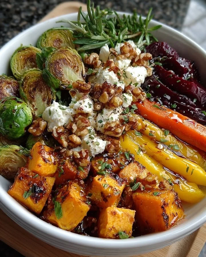 Caramelized Brussels sprouts with sweet potato, butternut squash, carrot, and beet medley.