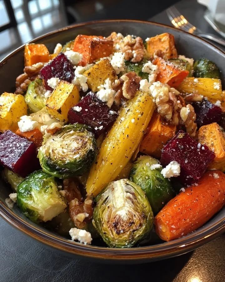 Caramelized Brussels sprouts medley with sweet potato, beet, and feta