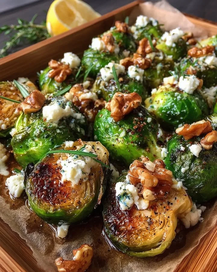Caramelized Brussels sprouts with feta, walnuts, and hot honey on a plate