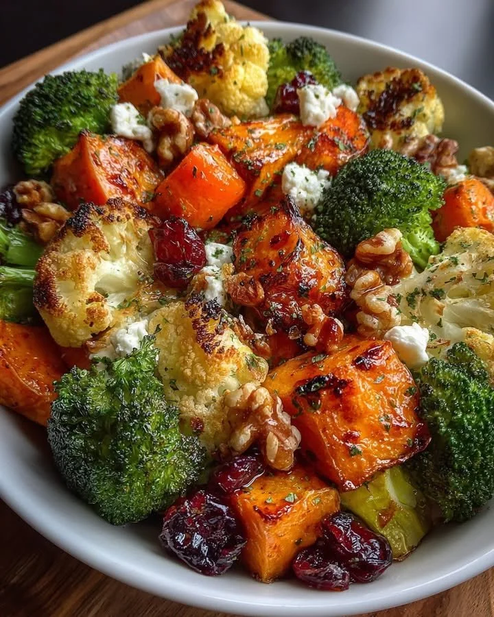 Caramelized butternut squash with carrots, broccoli, sweet potato, feta, walnuts, and cranberry-honey glaze.
