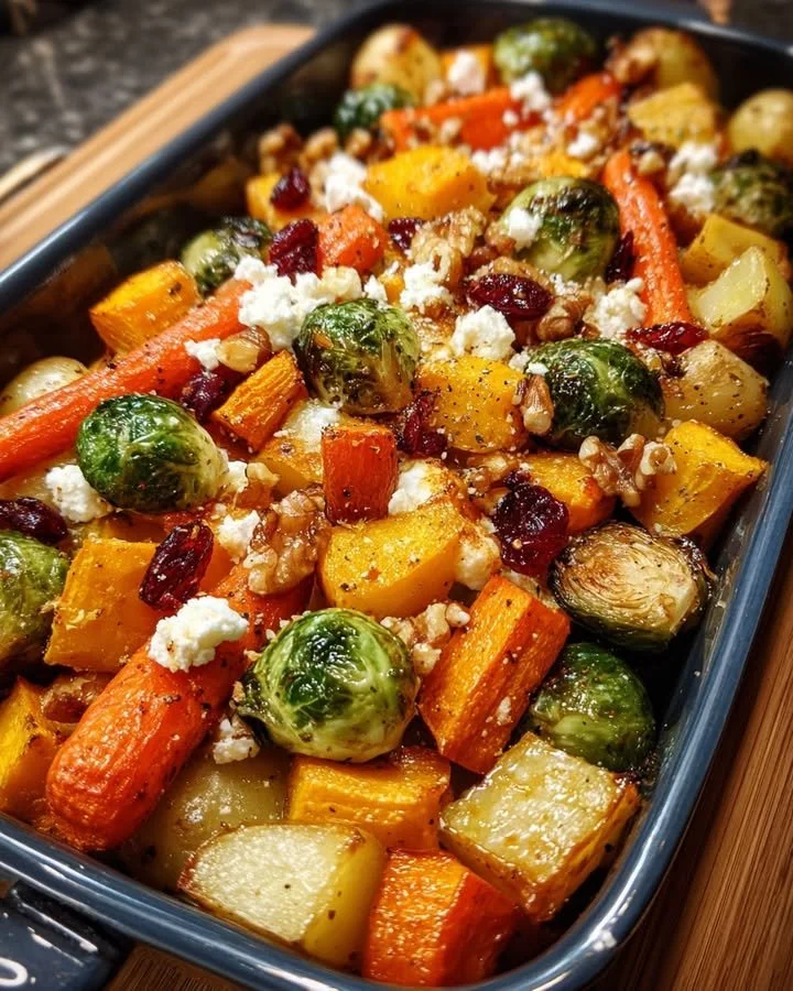 Caramelized butternut squash with Brussels sprouts, carrots, and feta cheese