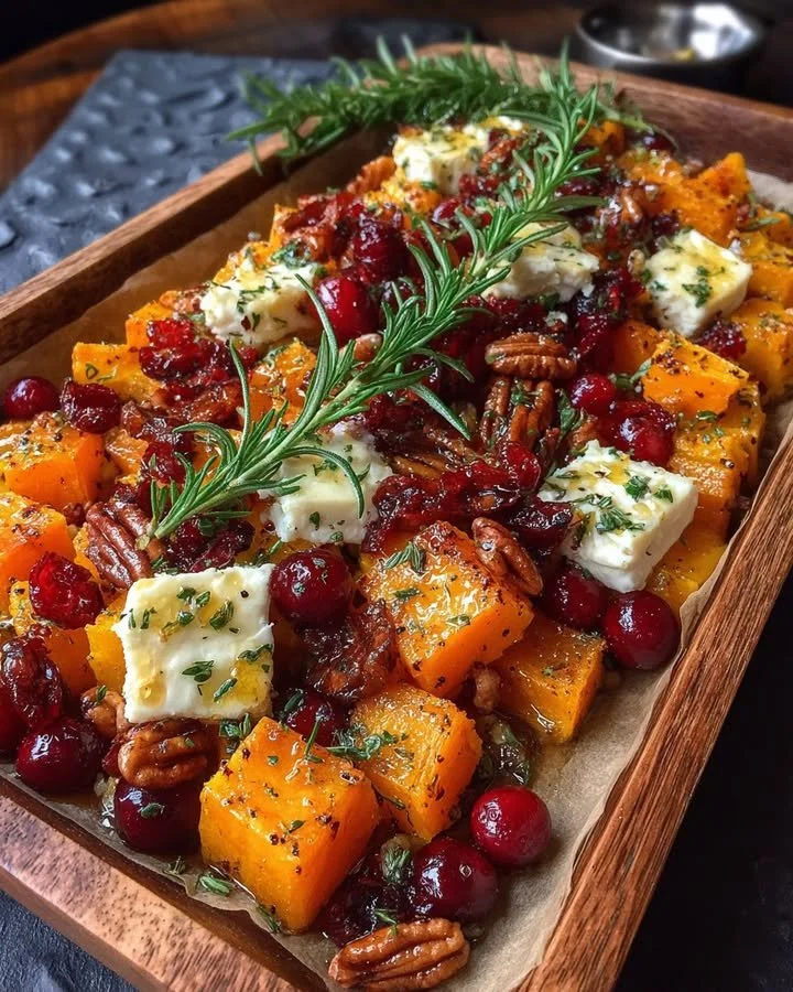 Caramelized butternut squash with brie cheese, pecans, and cranberry-honey glaze