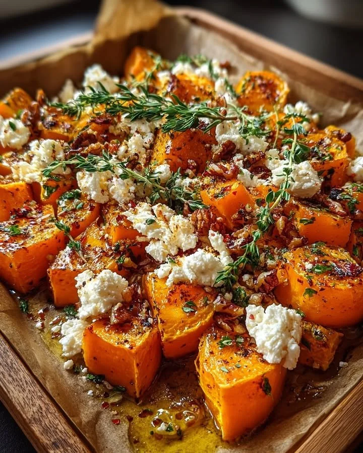 Plate of caramelized butternut squash with feta and walnuts, drizzled with hot honey
