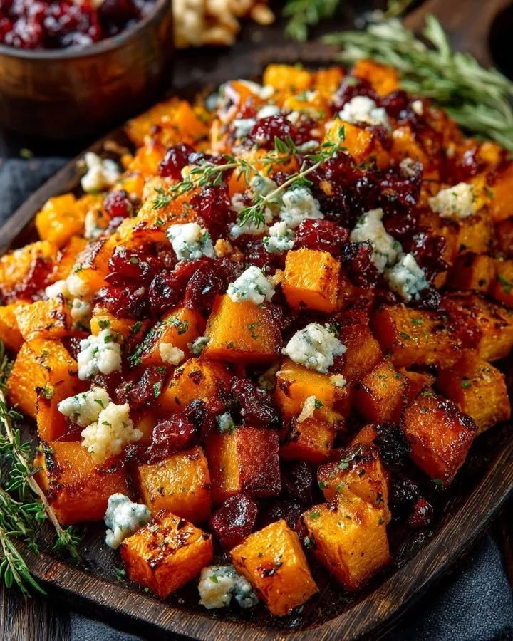Caramelized butternut squash with Gorgonzola and cranberry-balsamic glaze