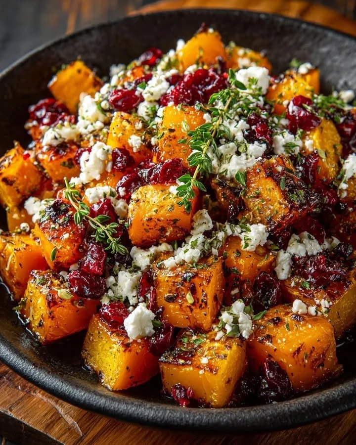 Caramelized butternut squash with feta and cranberry drizzle on a plate
