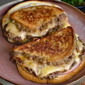 Caramelized onion and cheese burgers served on rye bread