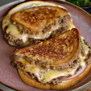 Caramelized onion cheeseburger sandwich with melted cheese on a toasted bun