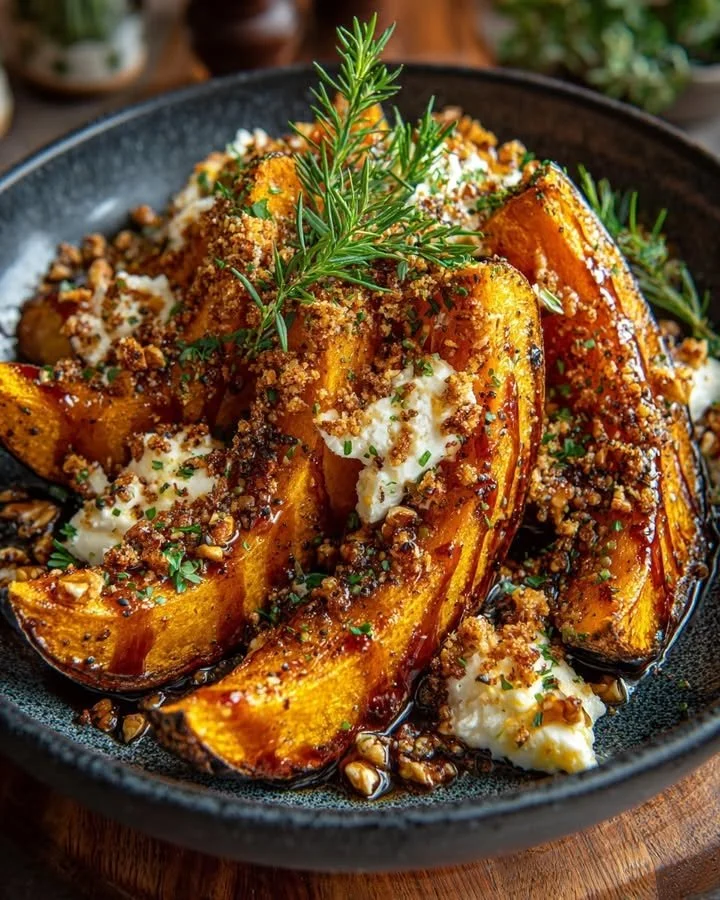 Caramelized pumpkin wedges topped with brie cheese and maple-walnut crumble