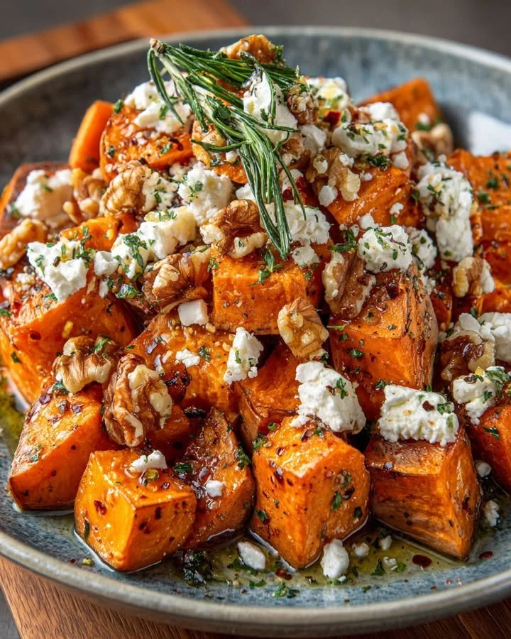 Caramelized sweet potatoes with feta cheese, walnuts, and hot honey drizzle.