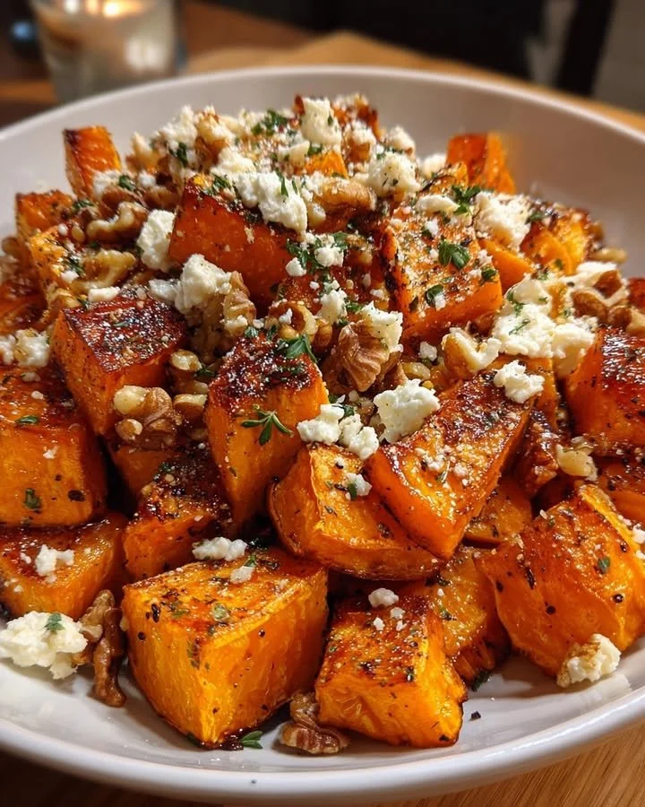 Caramelized sweet potatoes with maple syrup, feta cheese, and walnuts on a plate.