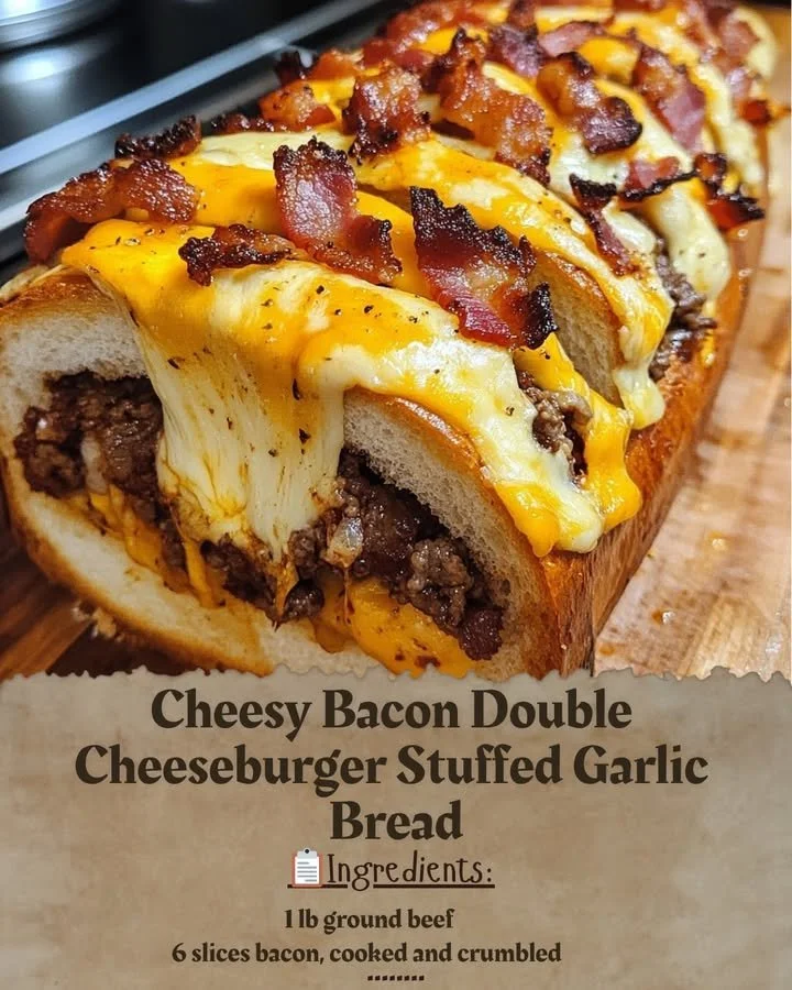 Cheesy Bacon Double Cheeseburger Stuffed Garlic Bread with melty cheese and crispy bacon