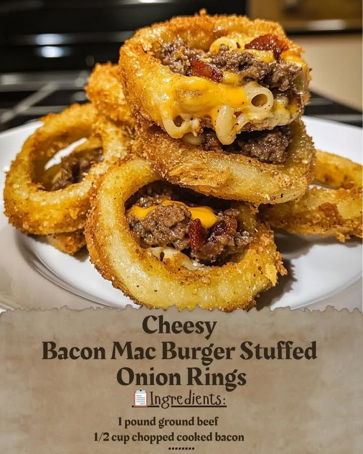 Cheesy Bacon Mac Burger served in crispy stuffed onion rings
