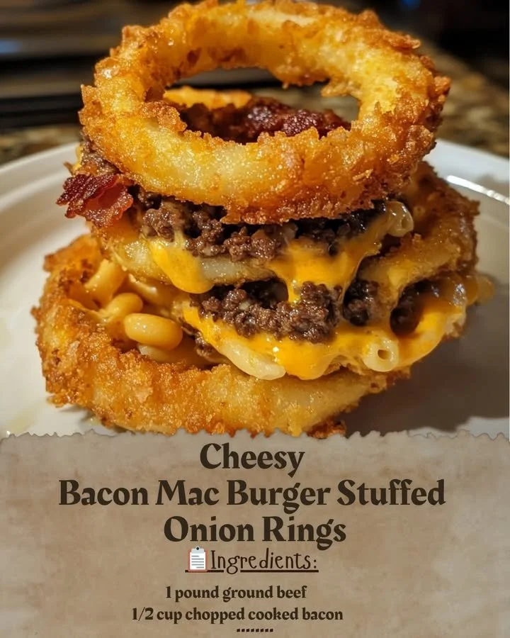 Cheesy Bacon Mac Burger served in crispy onion rings