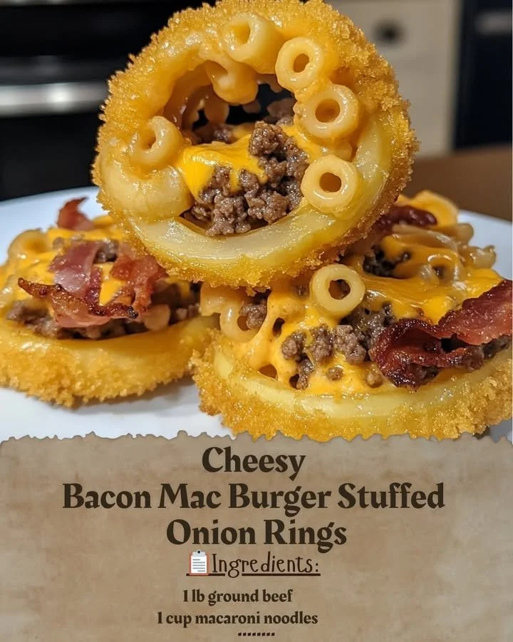 Cheesy bacon mac burger served with stuffed onion rings