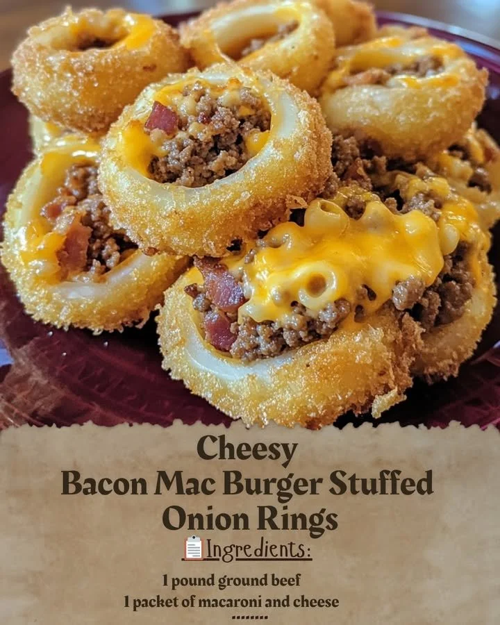 Cheesy bacon mac burger stuffed inside crispy onion rings