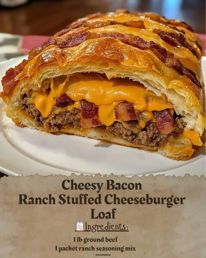 Cheesy Bacon Ranch Stuffed Cheeseburger Loaf baked to perfection.