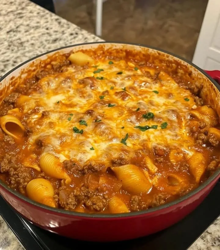 Delicious Cheesy Beef Shell Pasta Bake with melted cheese and ground beef