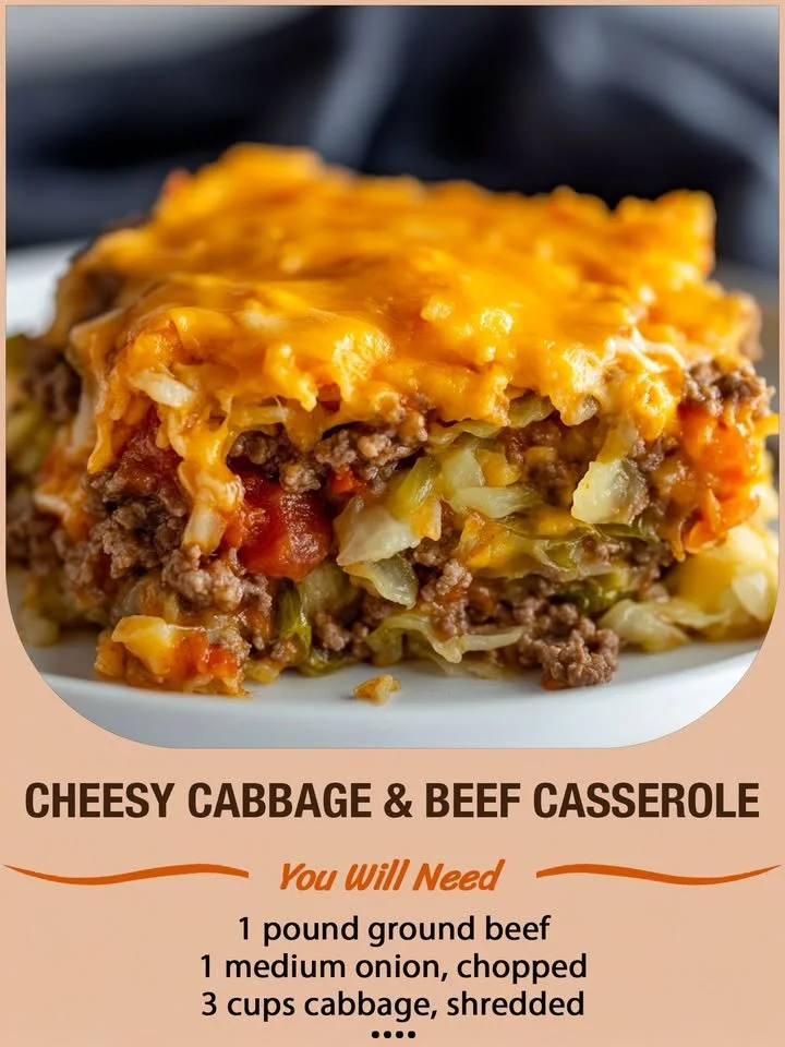 Cheesy cabbage and beef casserole baked dish topped with melted cheese