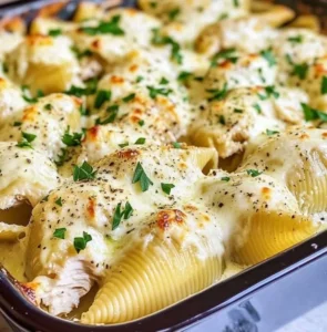 Cheesy Chicken Alfredo Shells served in a creamy sauce with chicken and pasta