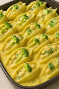 Cheesy chicken and broccoli shells in a creamy sauce