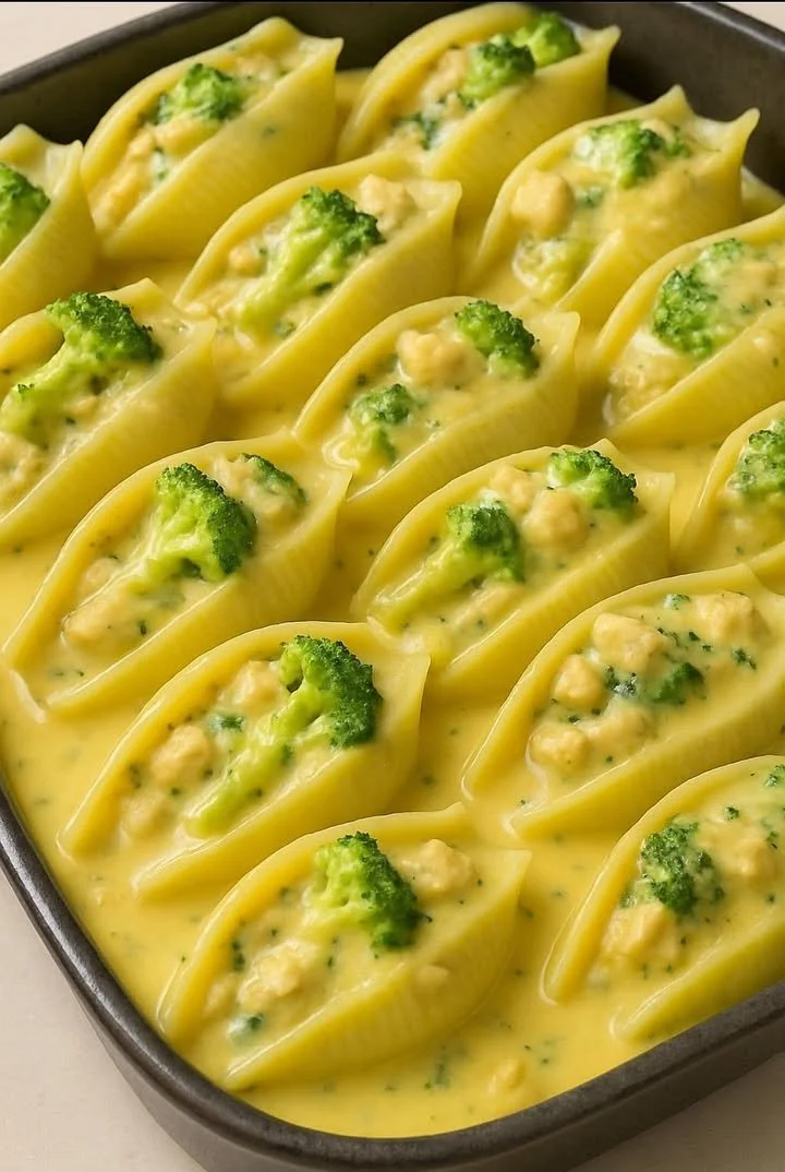 Cheesy chicken and broccoli shells in a creamy sauce