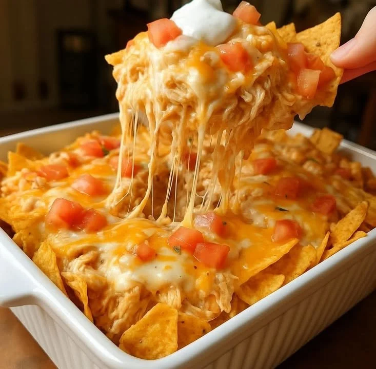 Delicious Cheesy Chicken Nacho Bake topped with melted cheese and fresh toppings