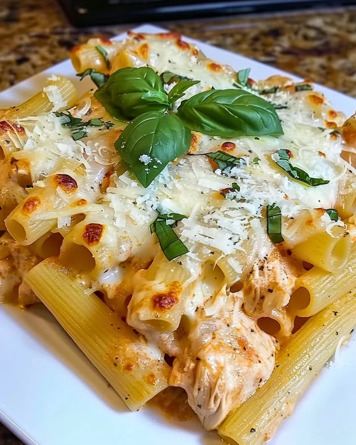 Creamy cheesy chicken rigatoni with pasta, chicken, and cheese sauce