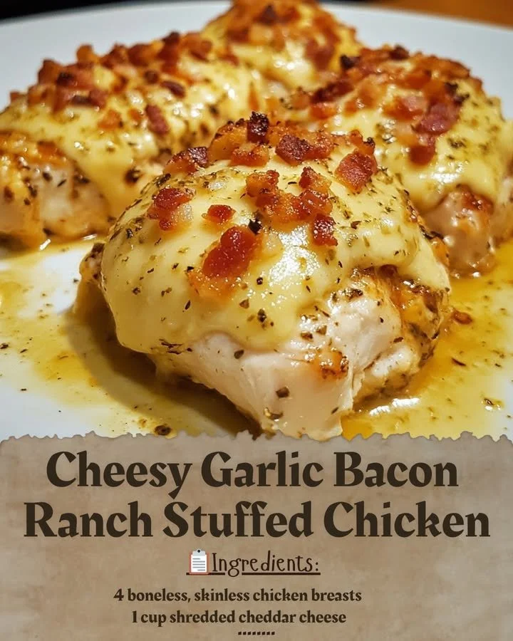 Cheesy Garlic Bacon Ranch Stuffed Chicken garnished on a plate
