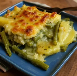 Cheesy Green Bean Potato Casserole served in a dish
