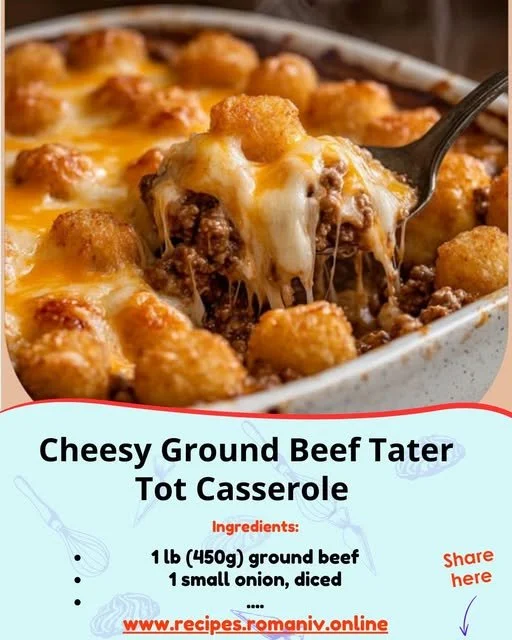 Cheesy Ground Beef Tater Tot Casserole served in a baking dish