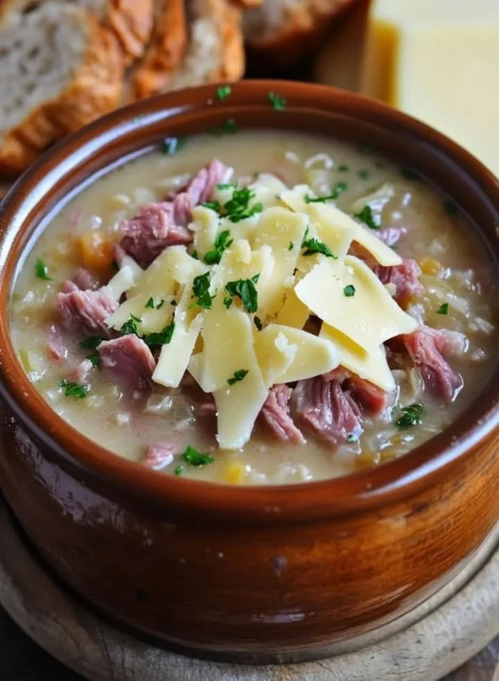 Bowl of cheesy ham potato soup topped with fresh herbs and cheese