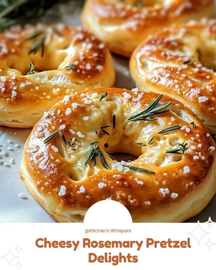 Freshly baked cheesy rosemary pretzel delights on a wooden board.