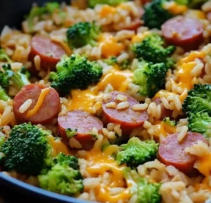 Cheesy Sausage Broccoli Rice Skillet with melted cheese and broccoli