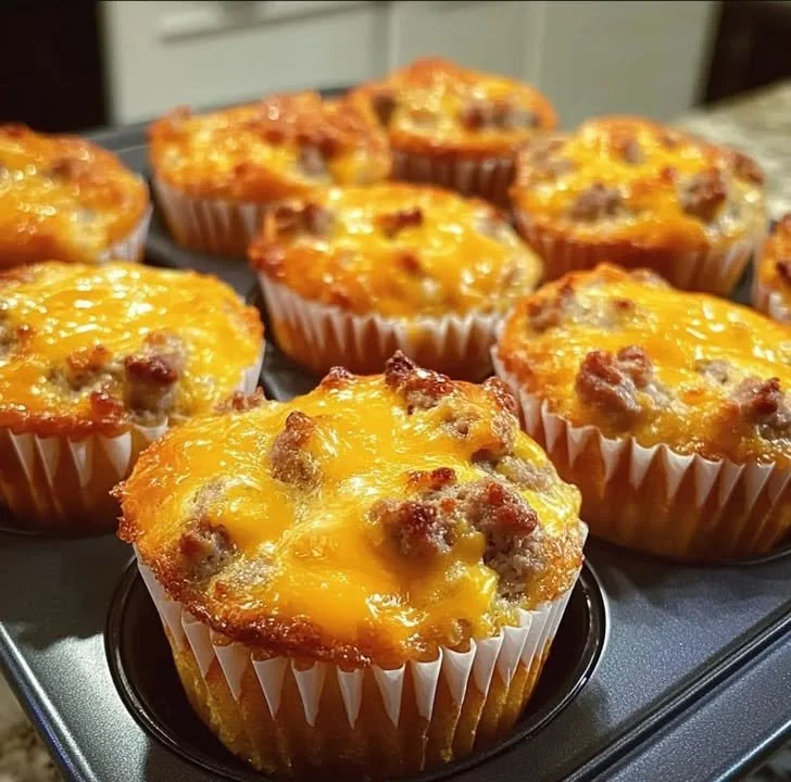 Cheesy sausage egg muffins served on a plate for a quick breakfast option.