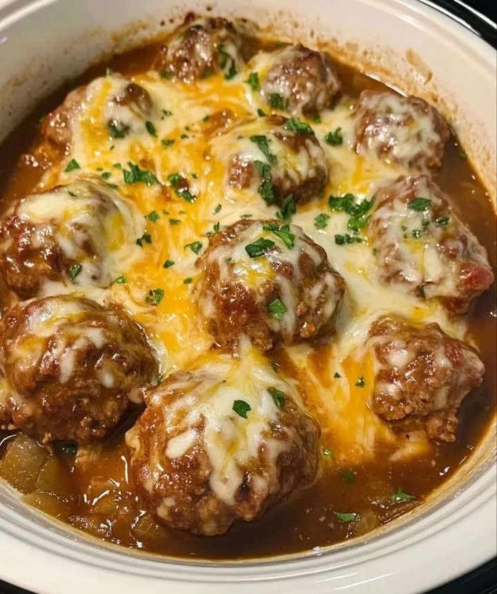 Plate of cheesy smothered meatballs topped with melted cheese and herbs