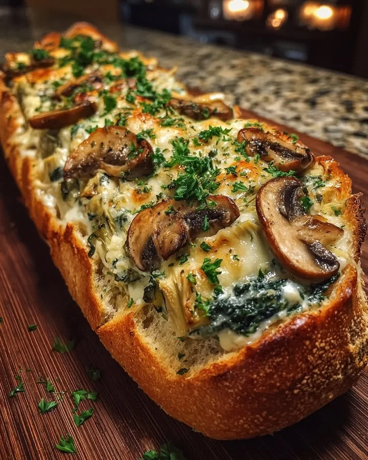 Cheesy spinach artichoke and mushroom stuffed baguette ready to be served