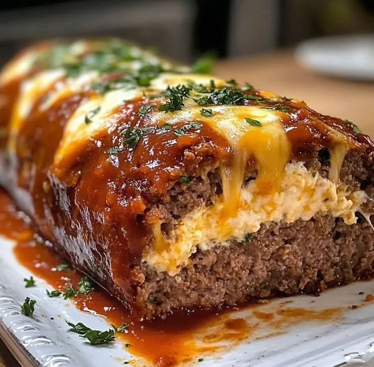 Cheesy Surprise Meatloaf topped with melted cheese and herbs