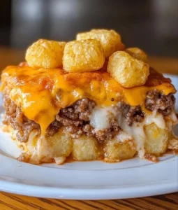 Delicious cheesy tater tot casserole baked to perfection.