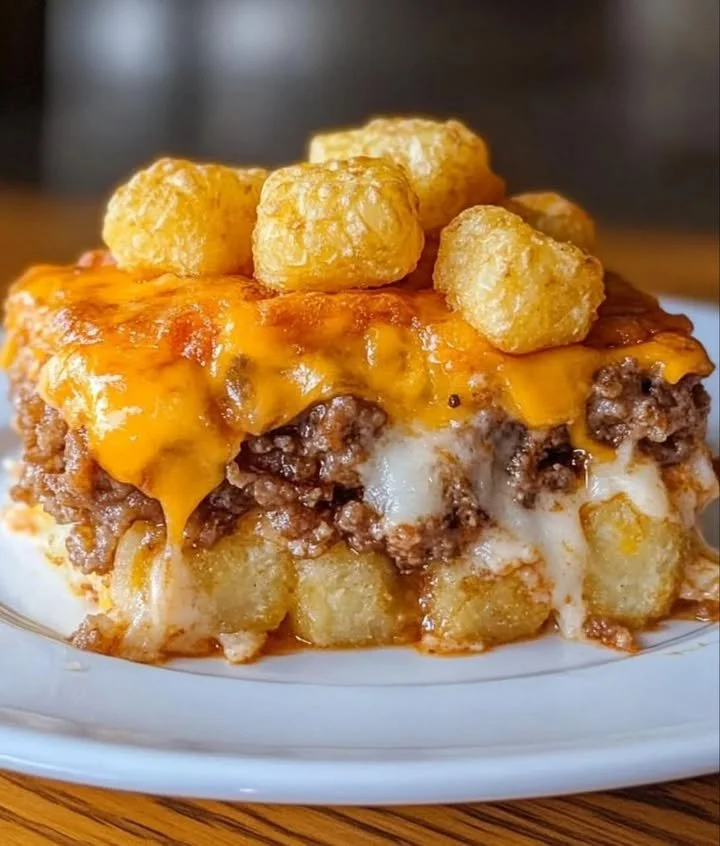 Delicious cheesy tater tot casserole baked to perfection.
