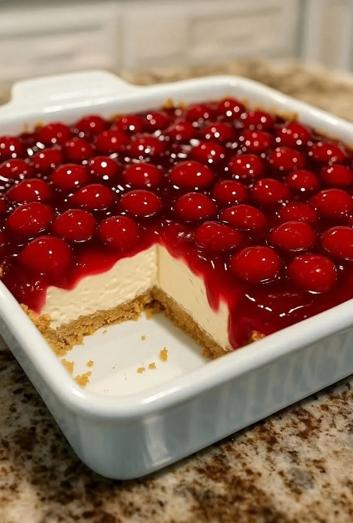 Delicious cherry cheesecake bars on a wooden table
