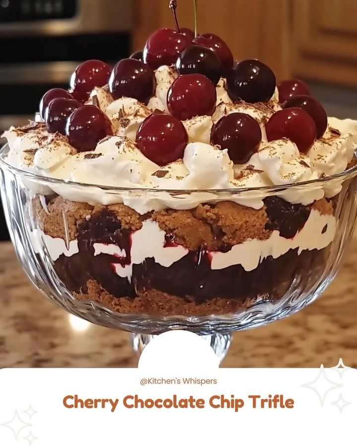 Delicious Cherry Chocolate Chip Trifle with layers of chocolate, cherries, and whipped cream