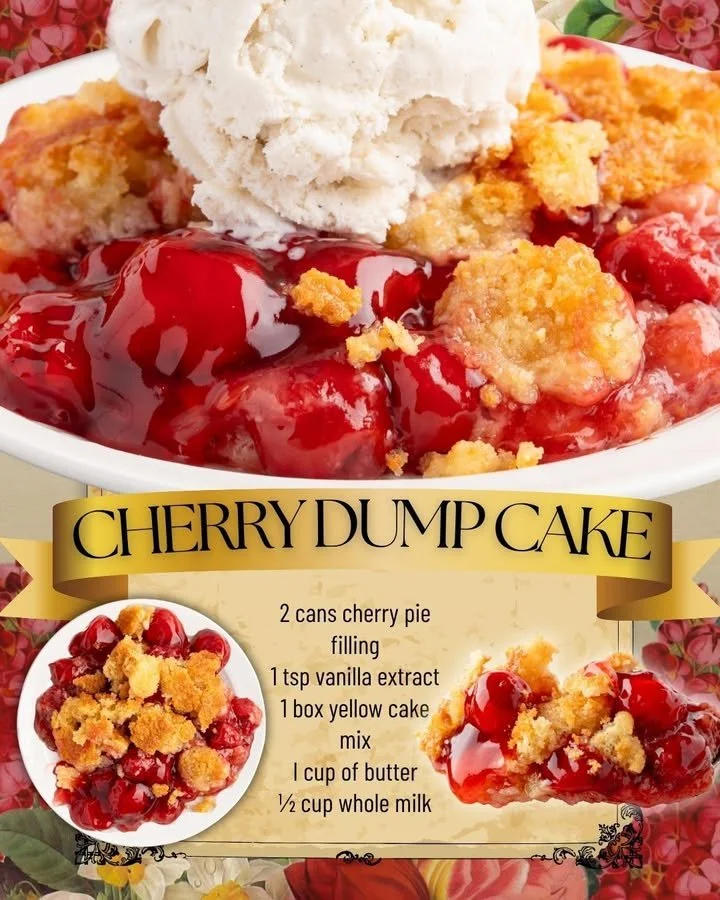 Delicious cherry dump cake ready to serve, topped with whipped cream.