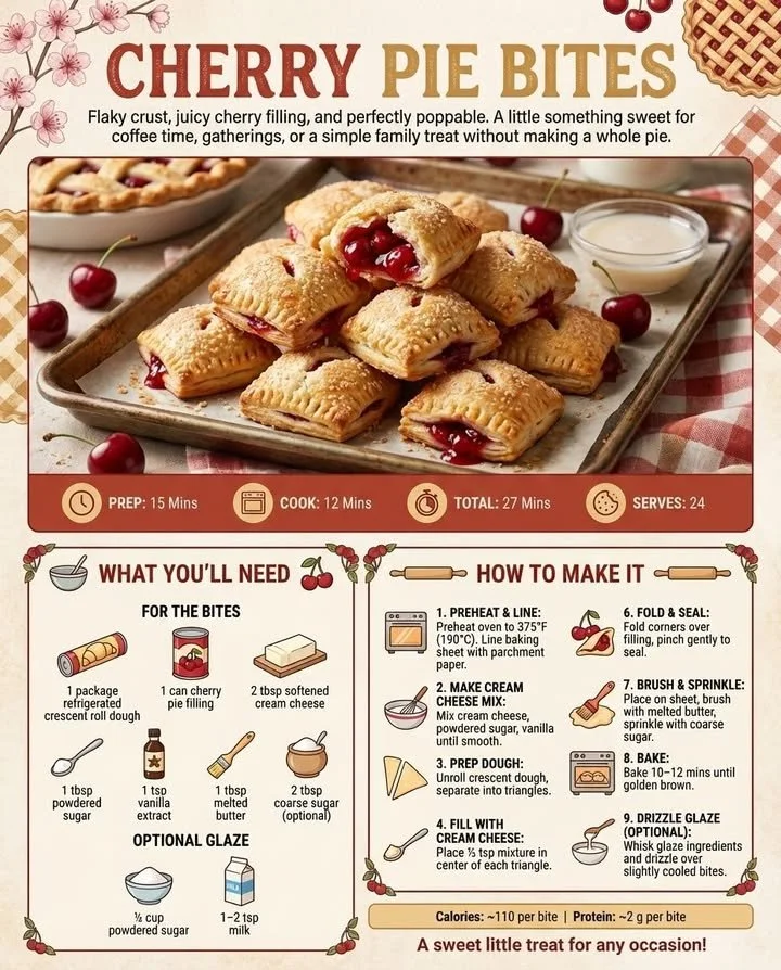 Delicious cherry pie bites served on a plate, showcasing their flaky crust and cherry filling.